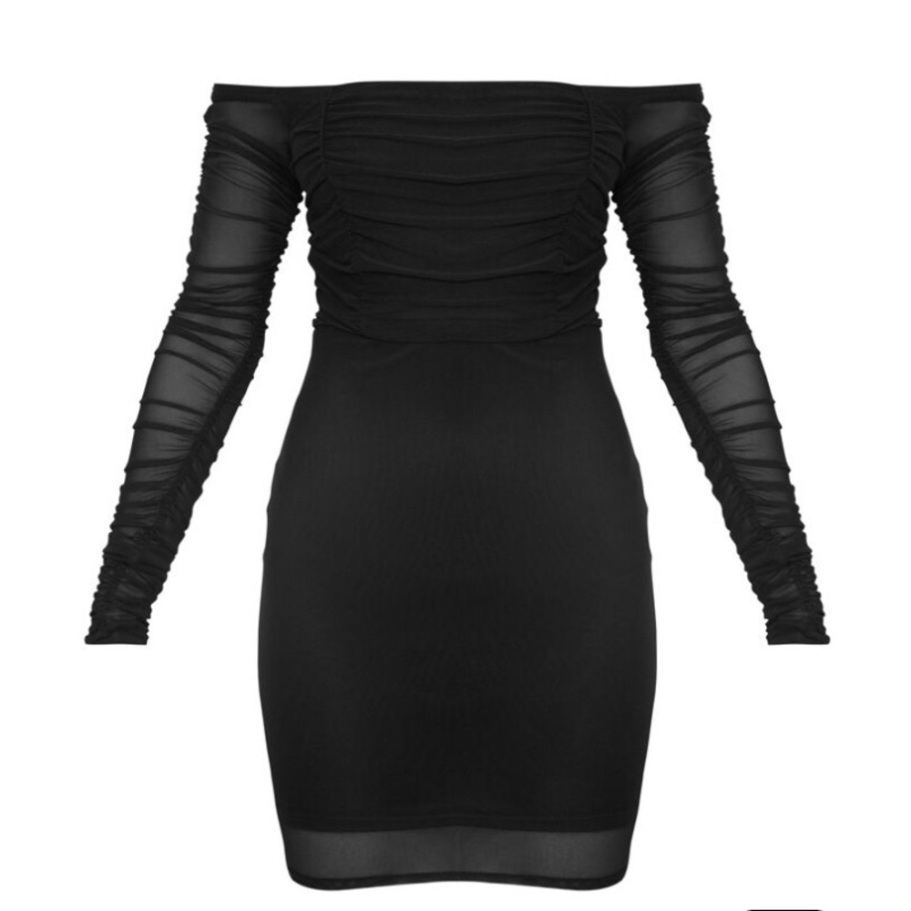 Black Ruched Mesh Bodycon Dress